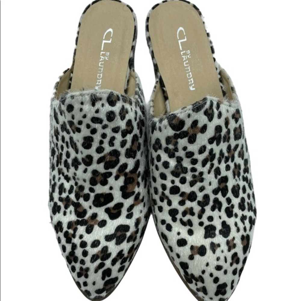 CL by Laundry Leopard Print Faux Fur Mules Pointed Toe Block Heel Mens 8